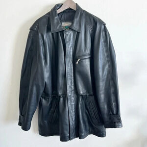 Vintage Forest Club long black leather jacket